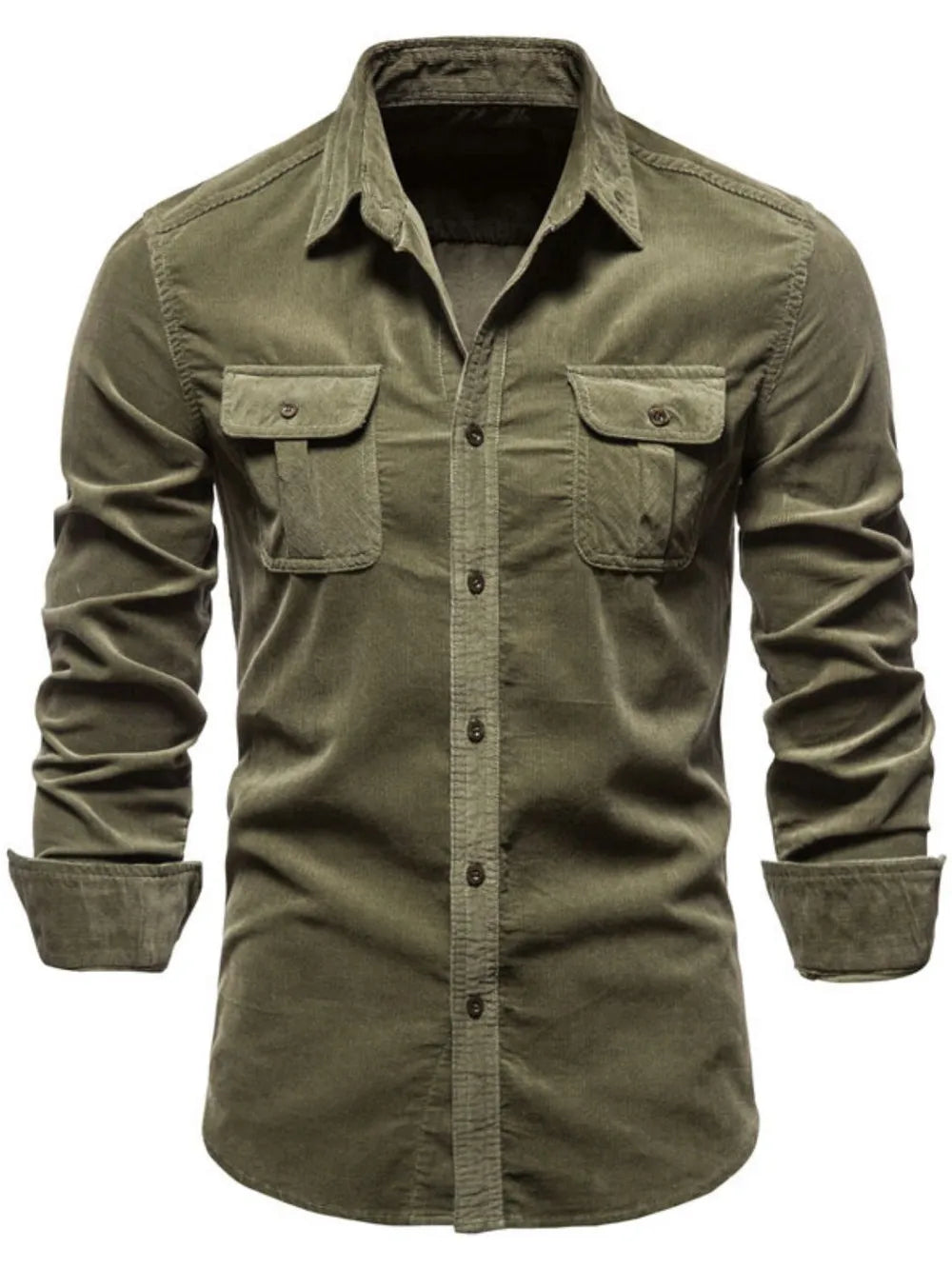 Men's moss green button-down collared shirt with two flap chest pockets and long sleeves