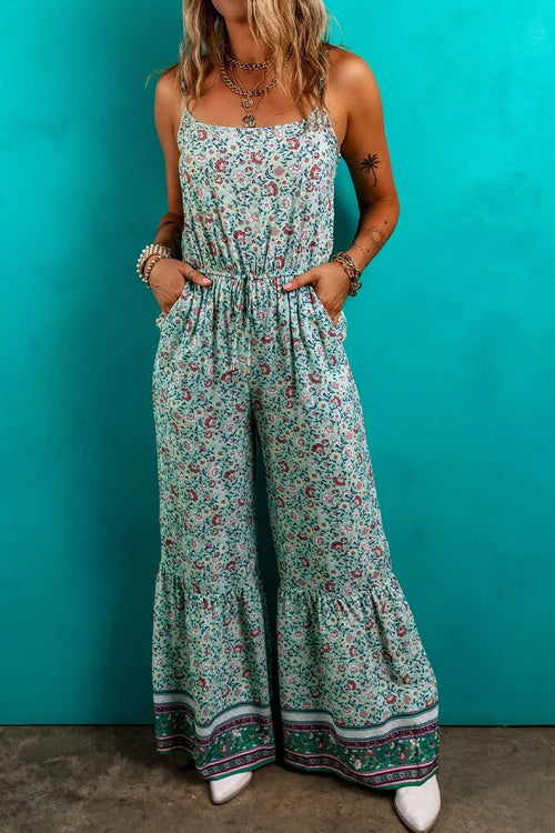 Teal floral ruffle jumpsuit, spaghetti straps, wide-leg pull-on