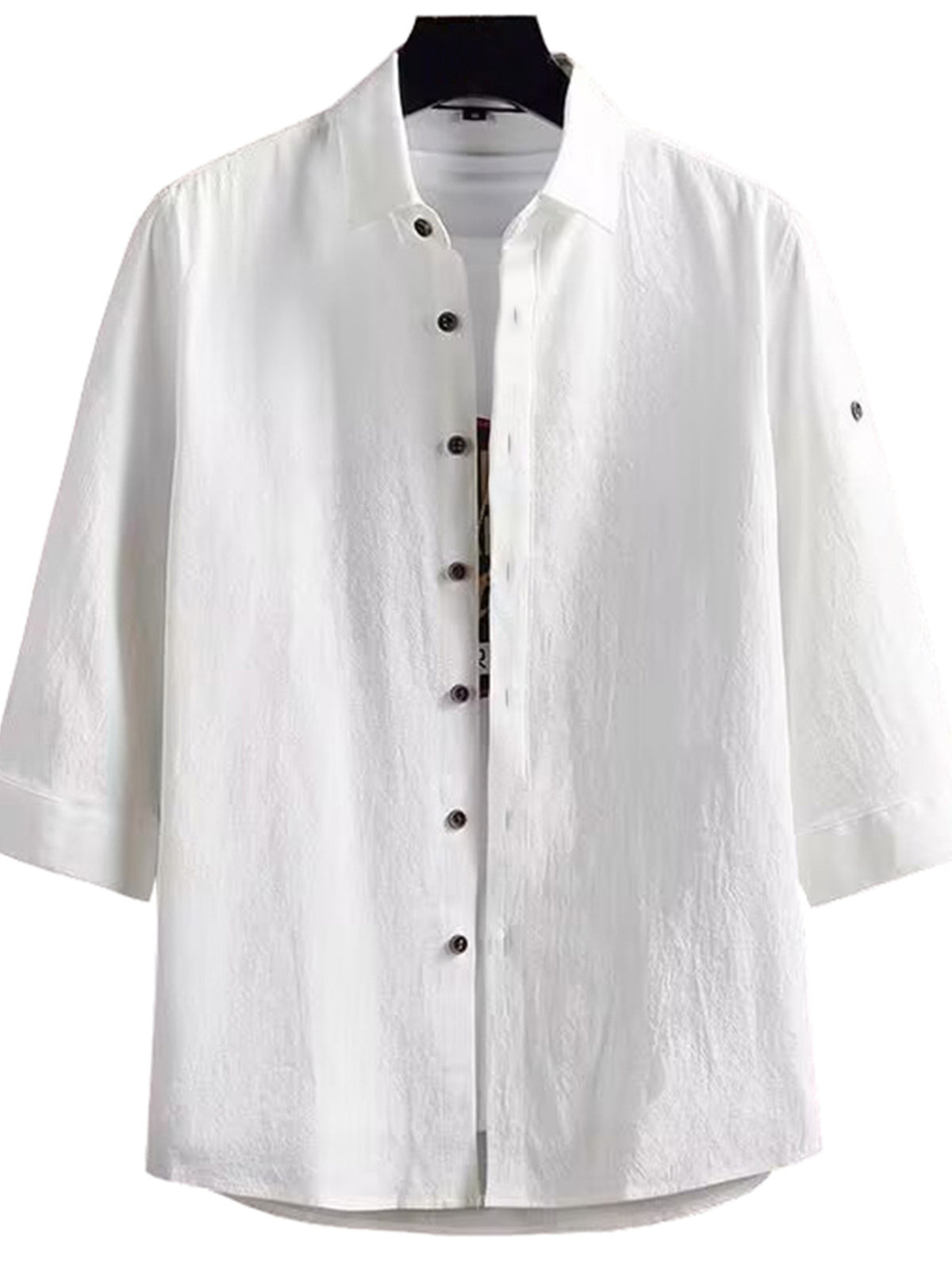 Men's white short-sleeve button-up shirt with pointed collar and button placket