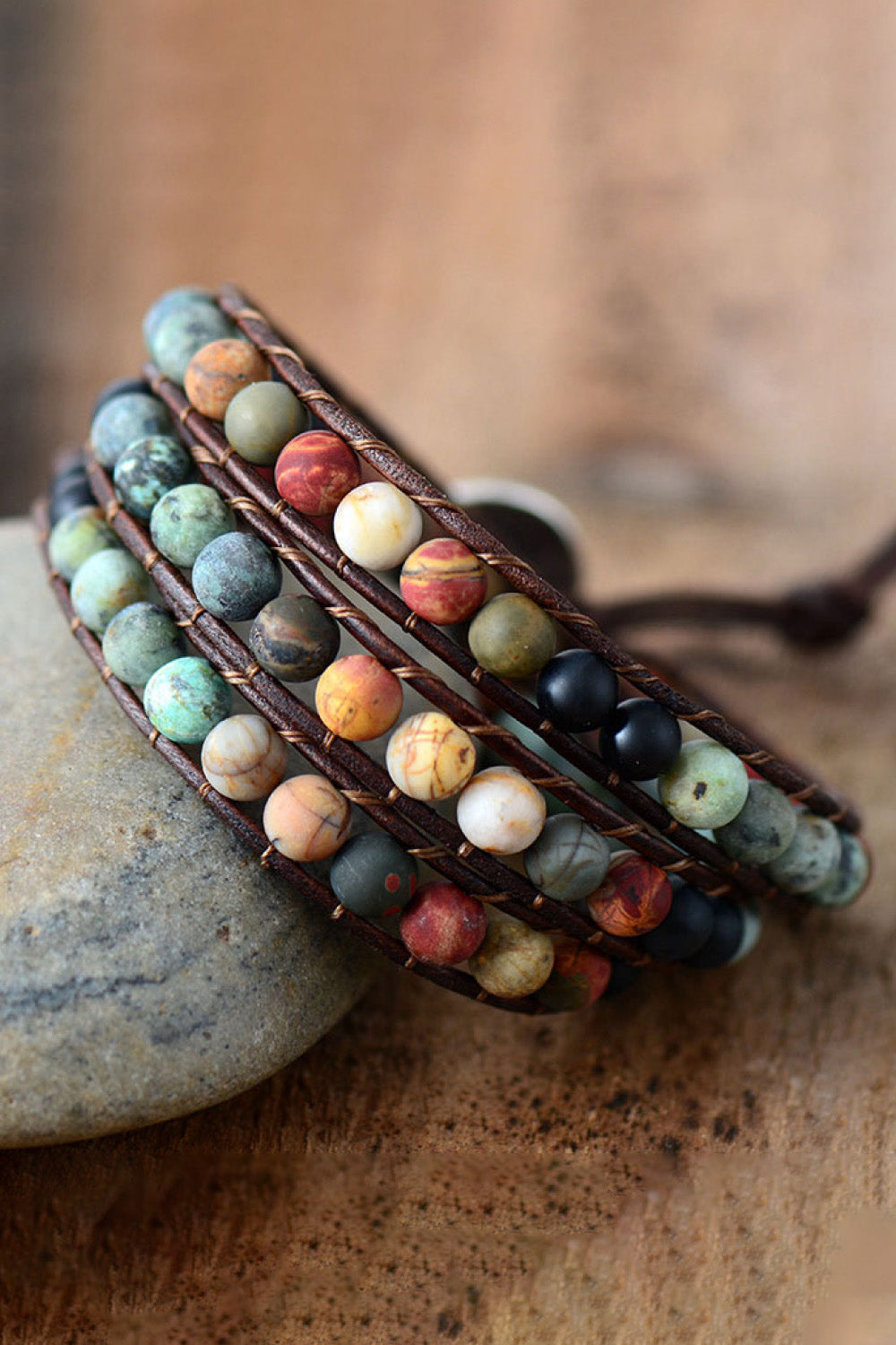 Triple-layer beaded agate bracelet, stacked leather wraps with multicolor round gemstone beads