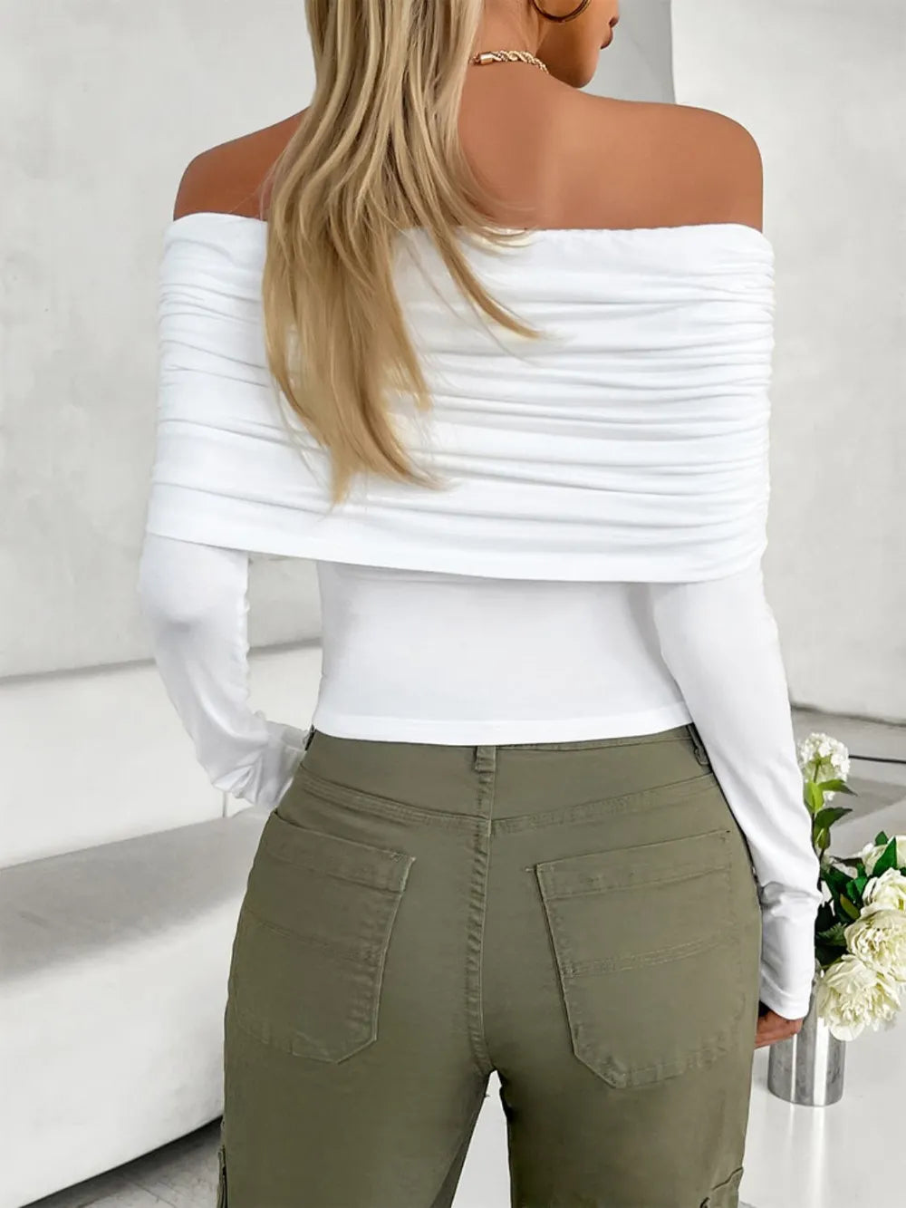 Cedar & Moore Devine Ruched Off-Shoulder Long Sleeve T-Shirt in white by Trendsi