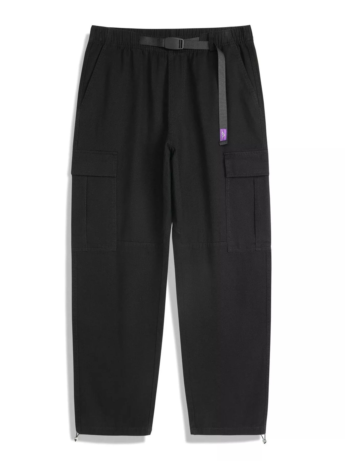 Men's black cargo pants with elastic waist and side cargo flap pockets