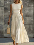 Beige ribbed sleeveless pleated maxi dress with fitted waist