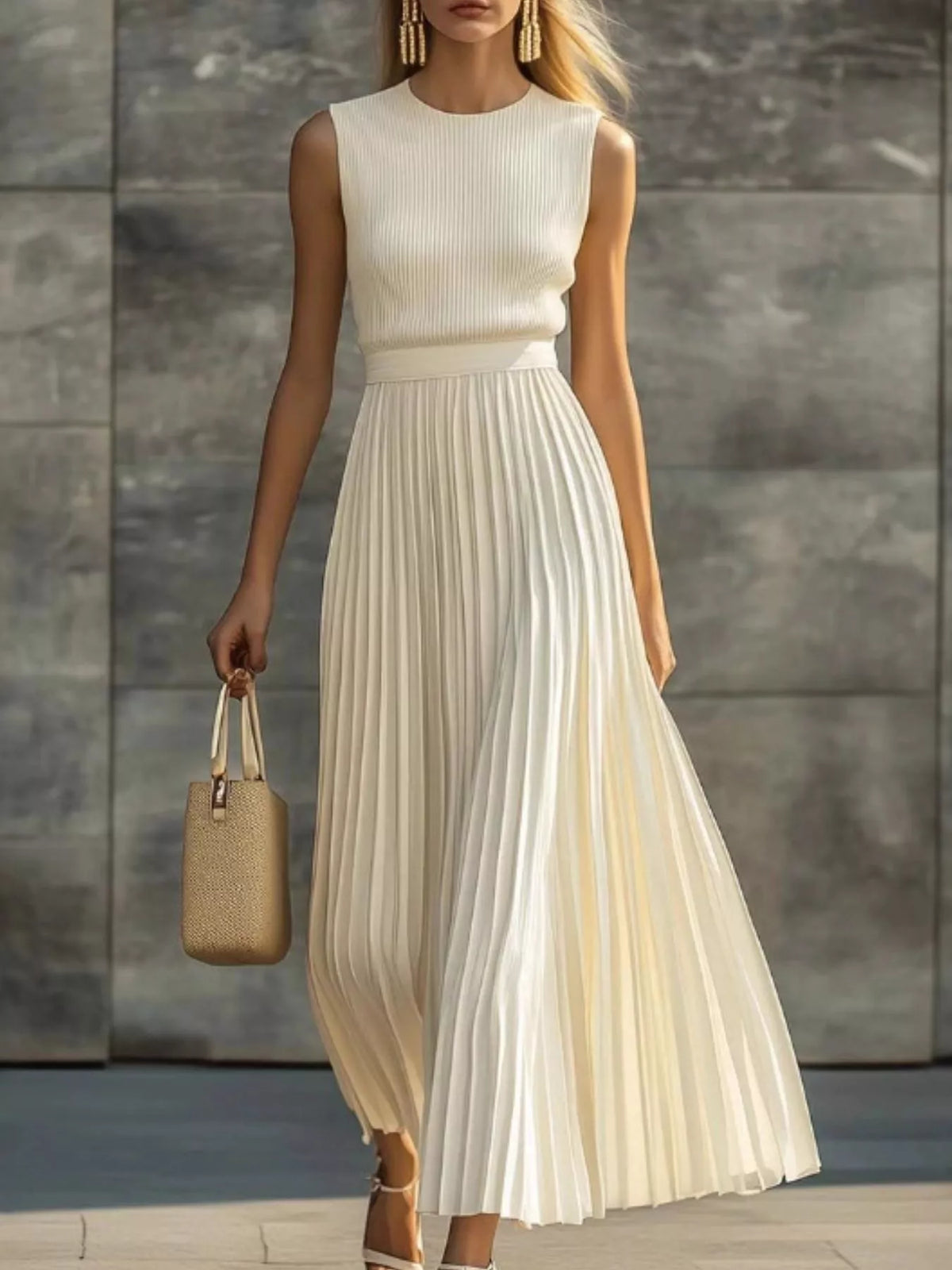 Beige ribbed sleeveless pleated maxi dress with fitted waist