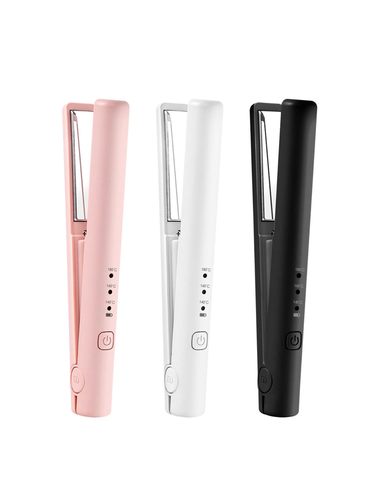 Cordless rechargeable mini hair straighteners, pink, white, and black (upright)