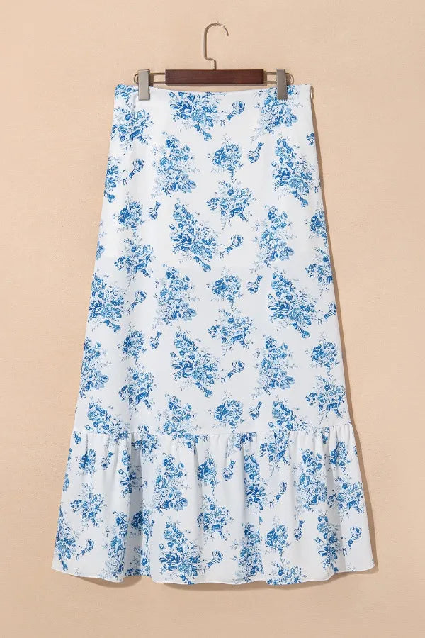 Light blue floral print maxi skirt with ruffled hem and side split