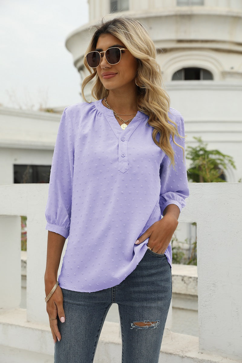 Lavender swiss dot notched-neck 3/4-sleeve blouse with button placket