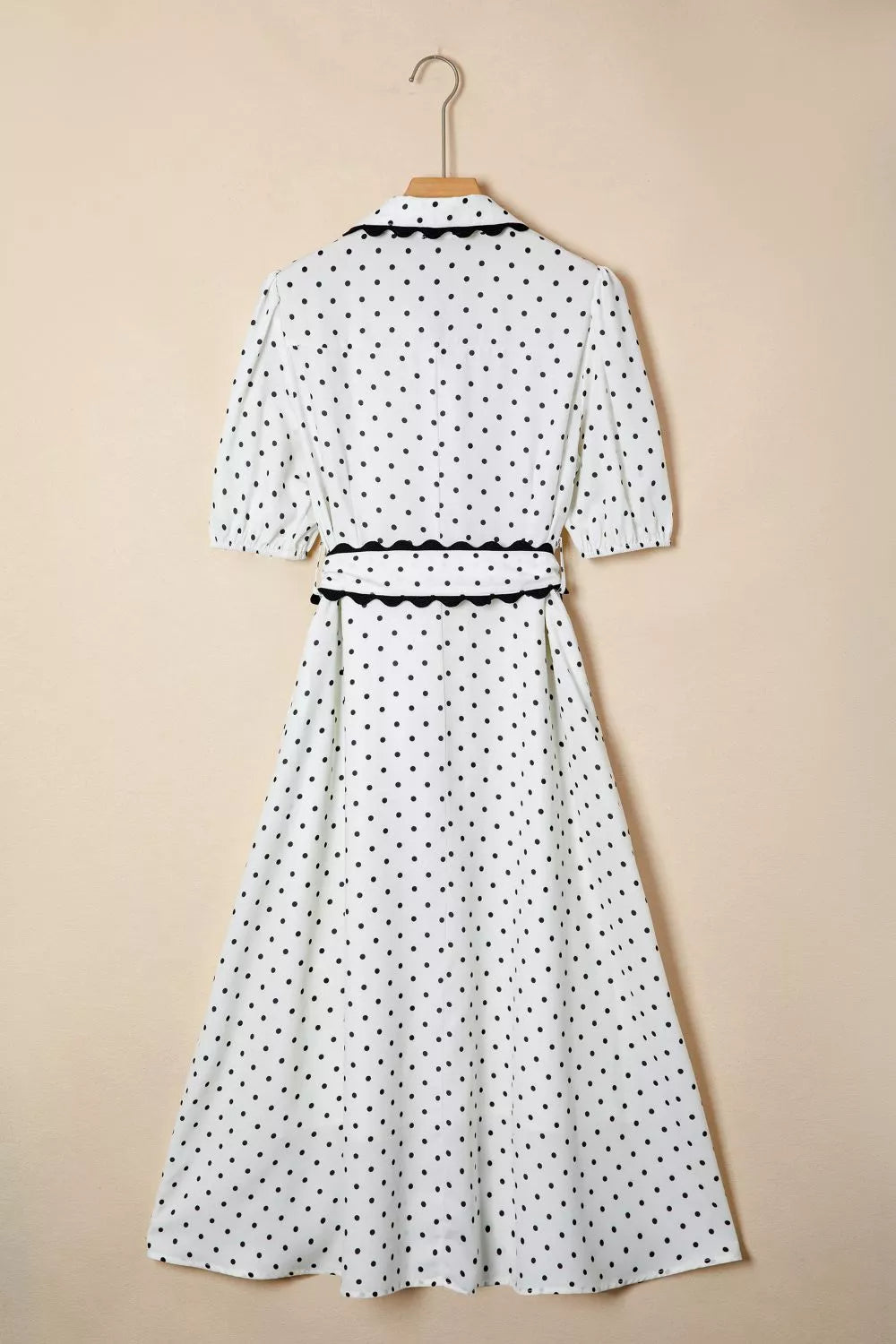 Cedar & Moore Polka Dot Half Sleeve Midi Dress, white with black dots, belted waist