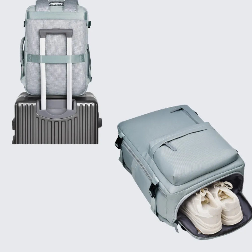 Light blue oxford backpack with open main compartment and front zipper pocket