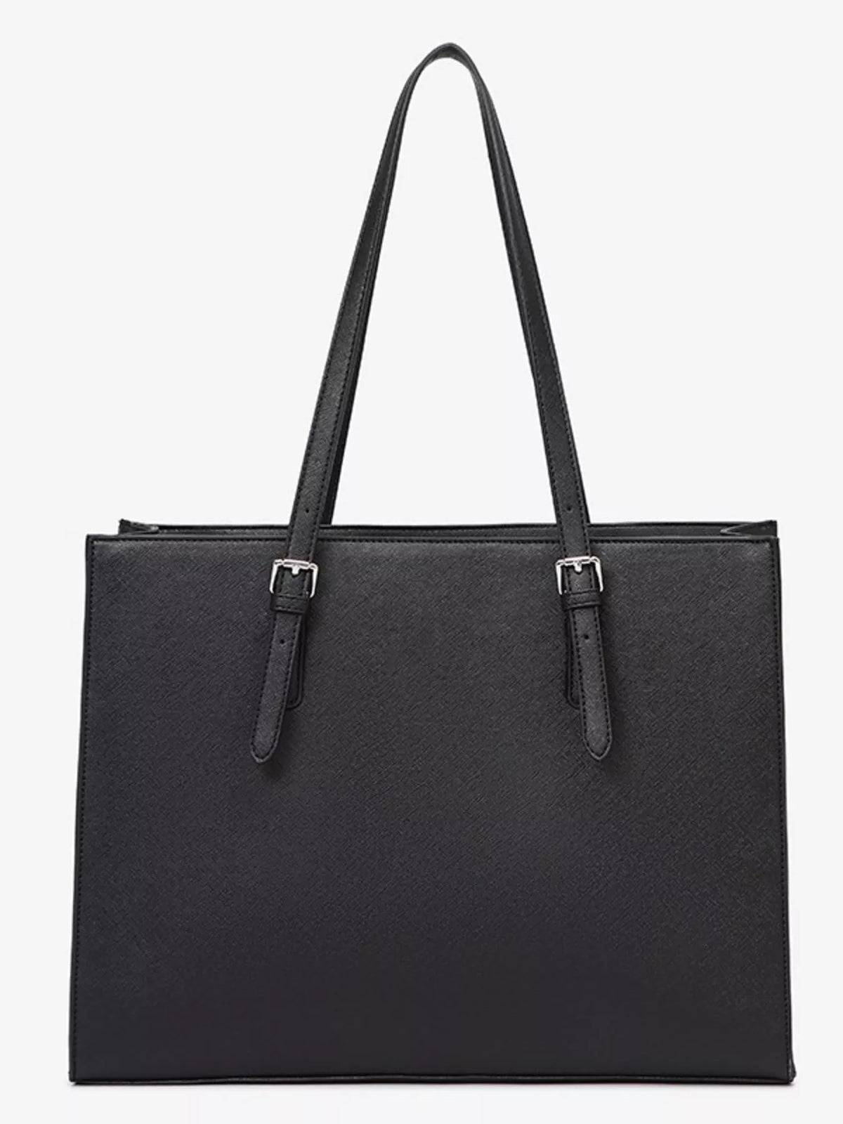 Black large tote bag with two top handles and minimalist front; structured rectangular body.