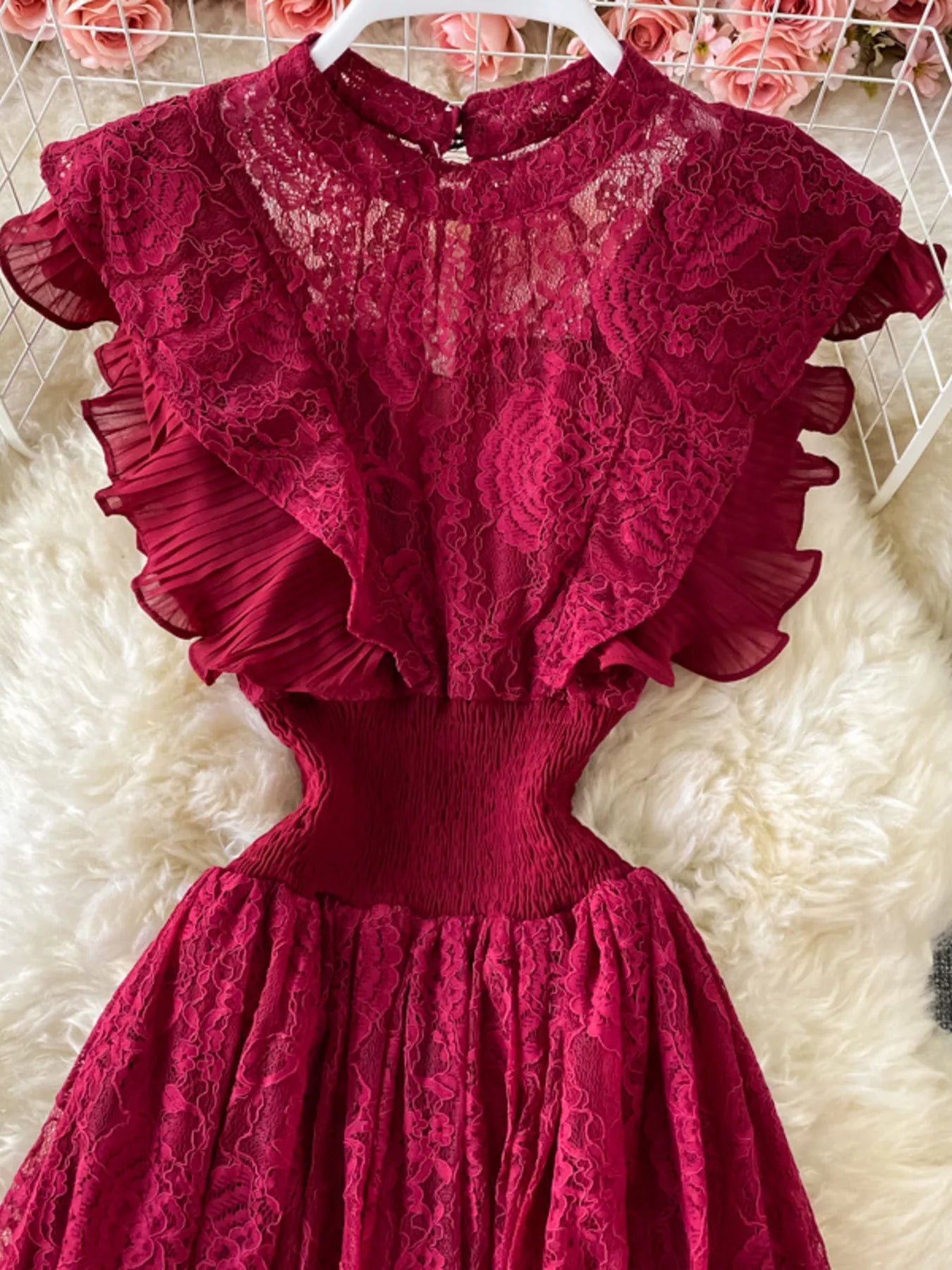 Cedar & Moore Ruffled Mock Neck Lace Maxi Dress, burgundy lace with ruffled sleeves by Trendsi