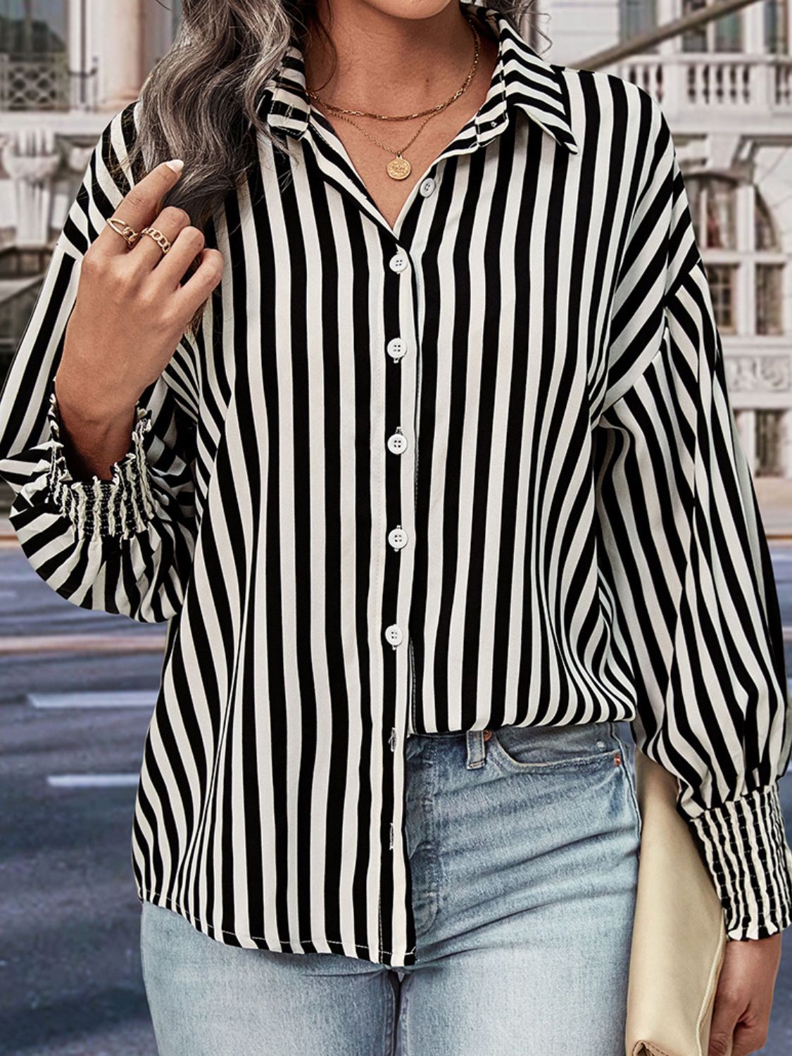 Perfee striped button-up shirt with button front, dropped shoulders, smocked cuffs, black/white
