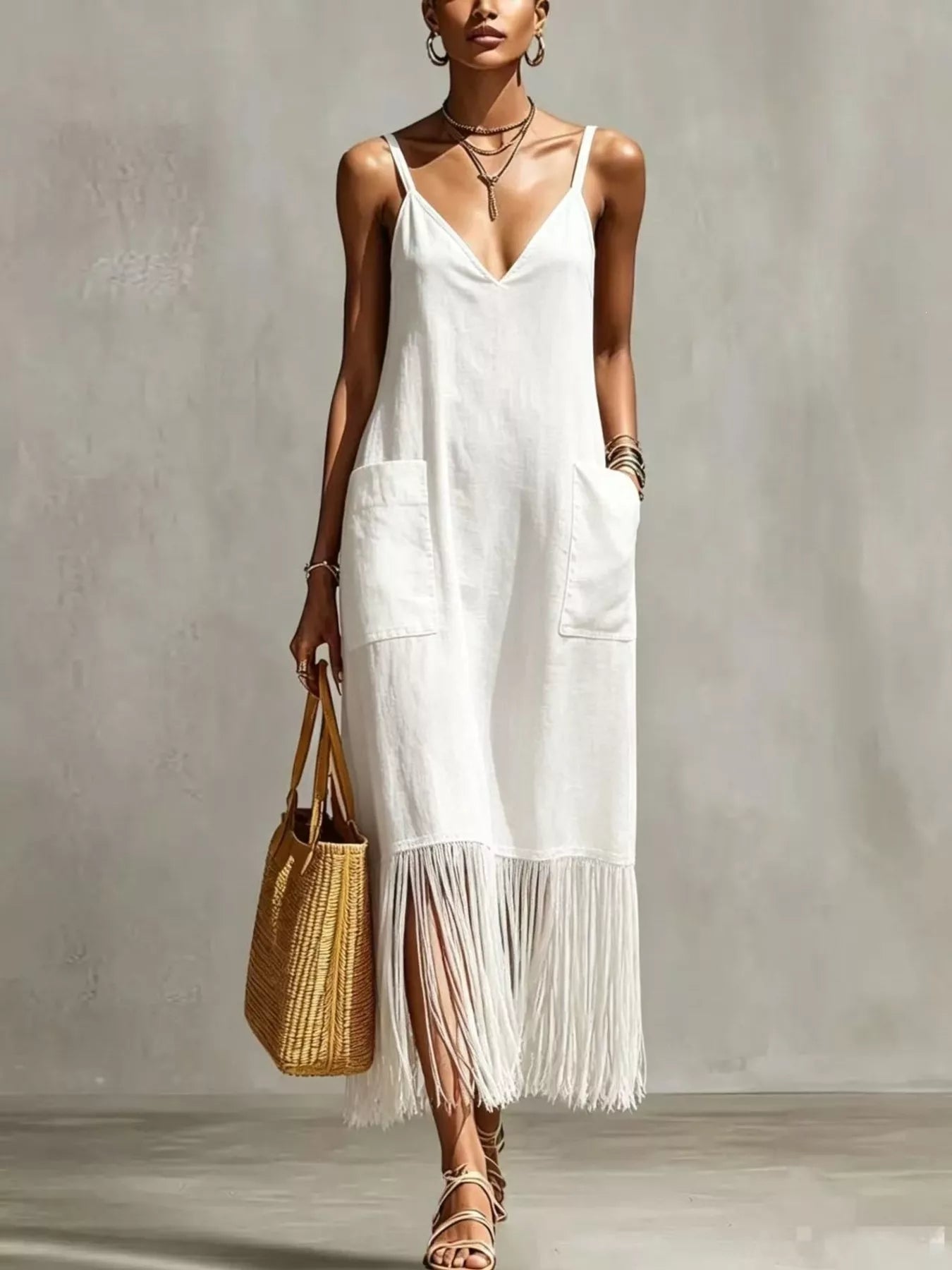 White V-neck spaghetti strap fringe dress with two chest pockets