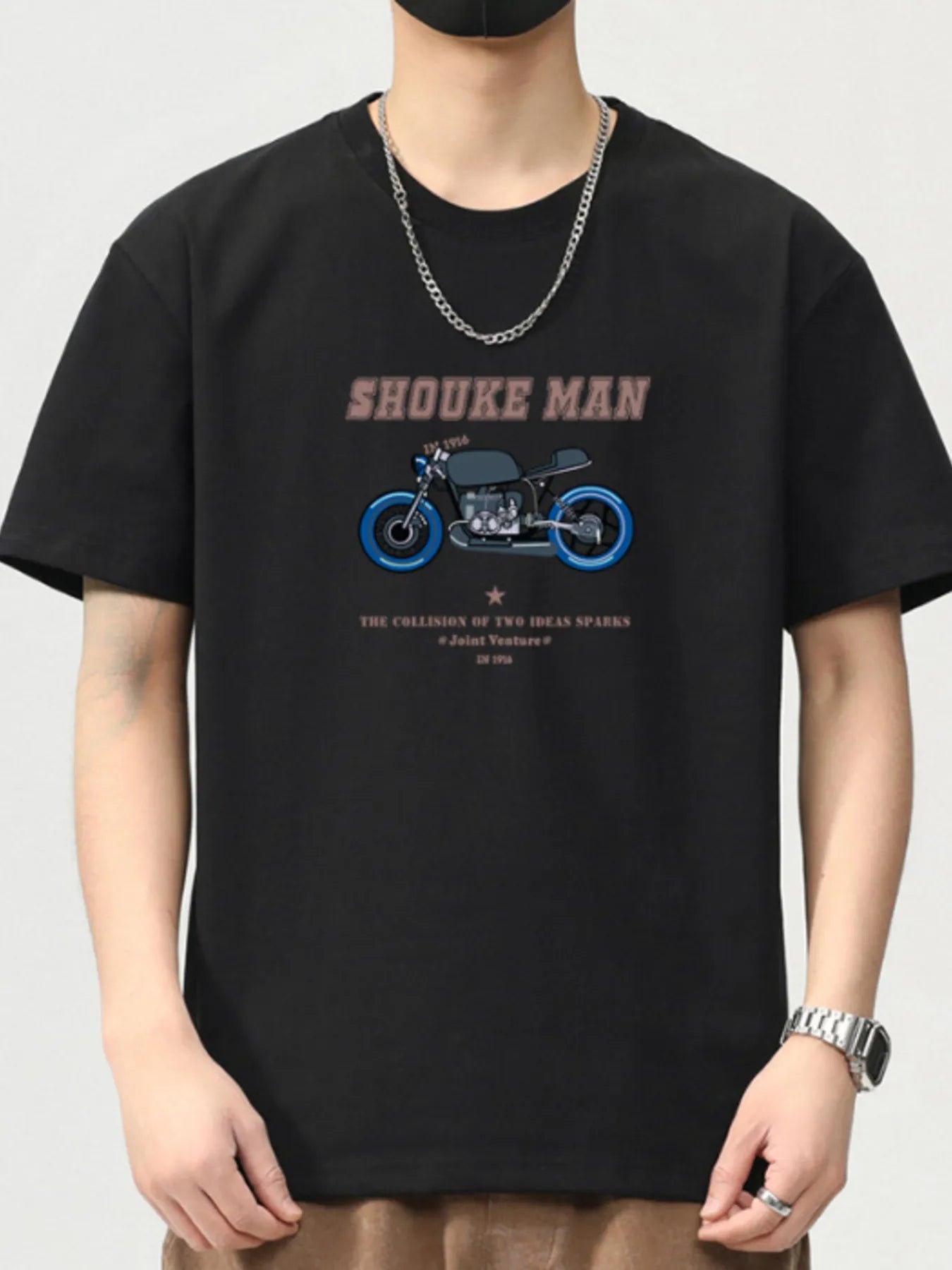 Men's black graphic round-neck short-sleeve T-shirt with motorcycle print