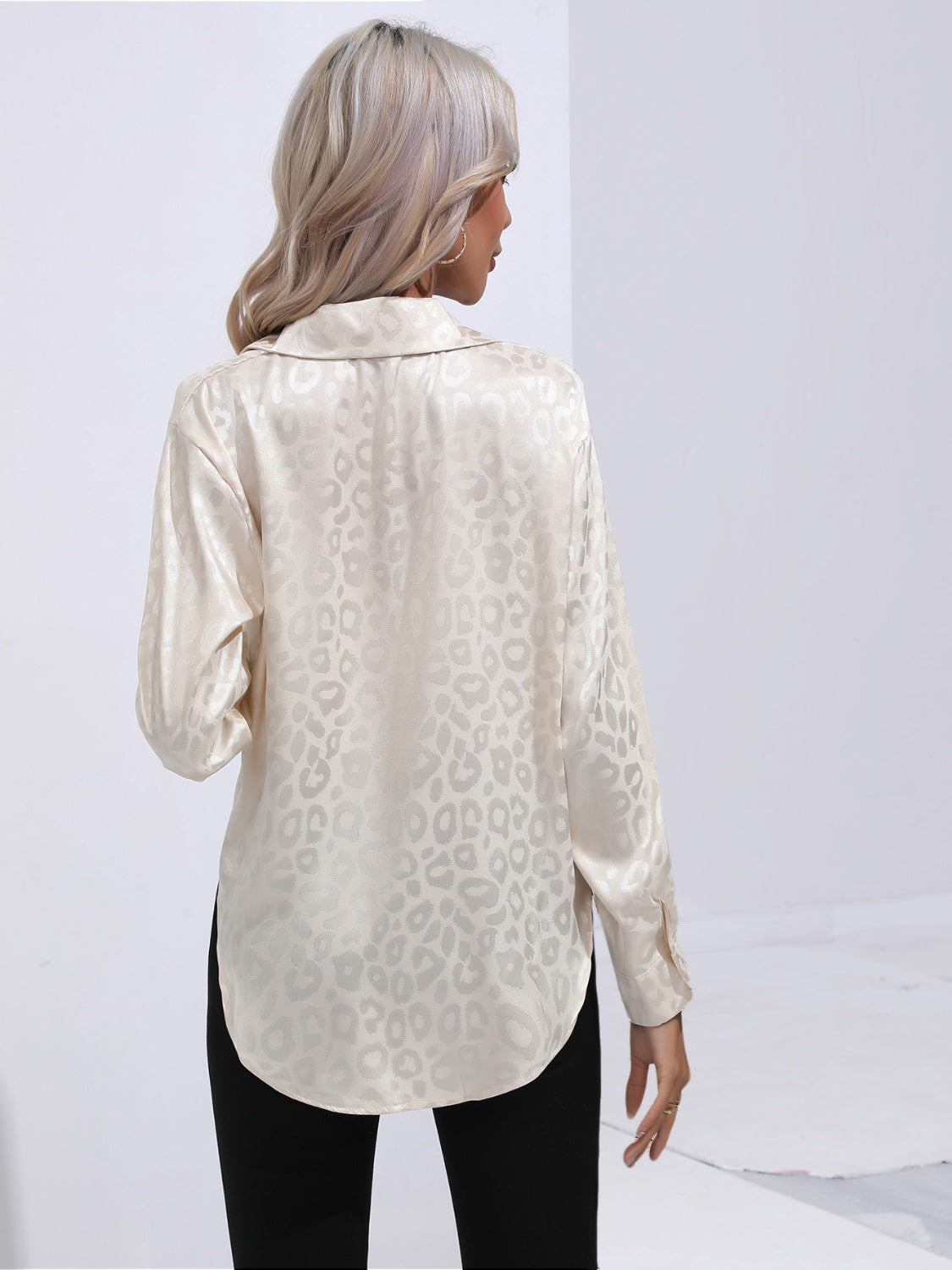 Cream leopard-print collared button-up shirt, back view, long sleeves