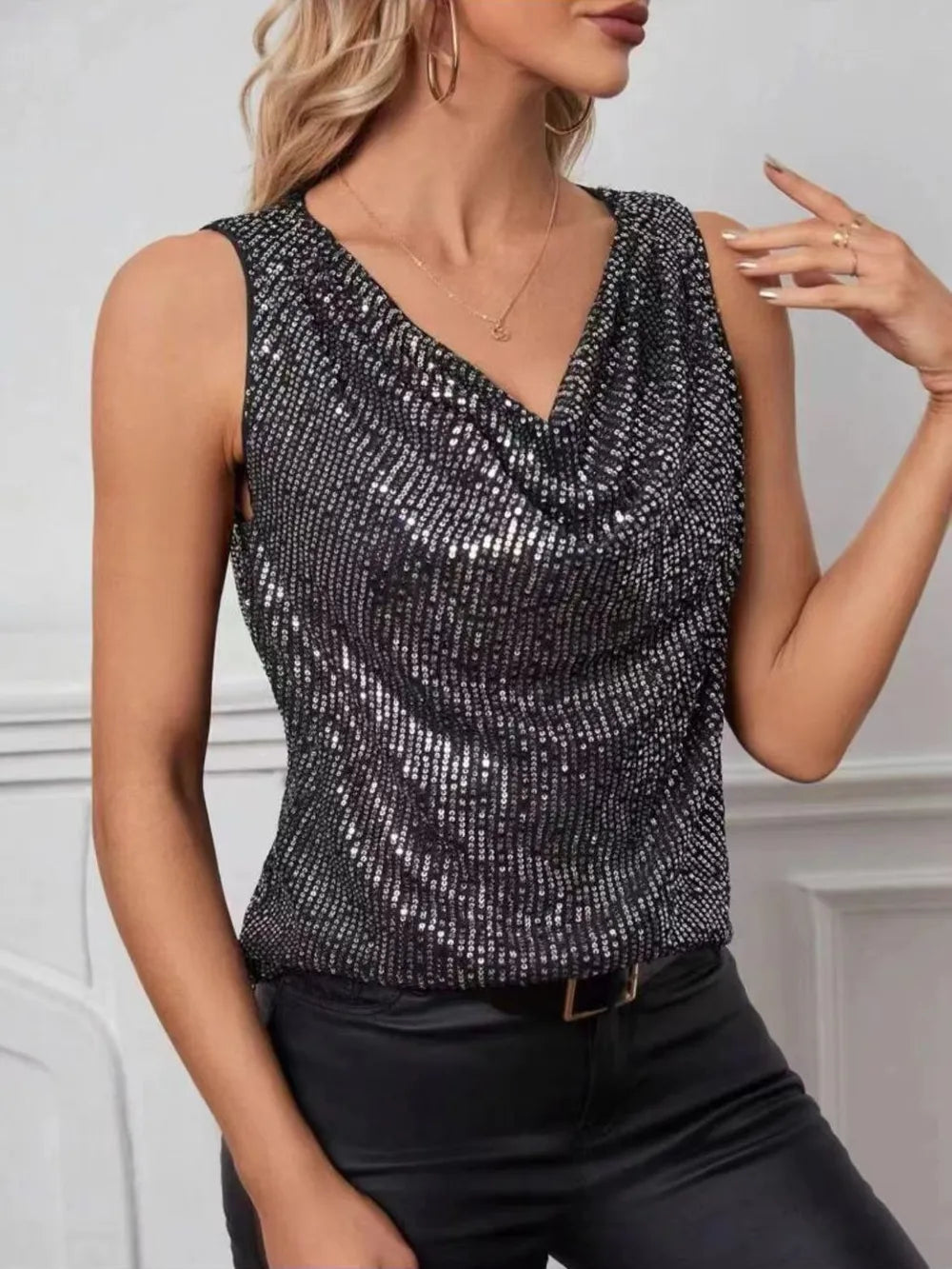 Dark sequin cowl-neck sleeveless tank top with deep V neckline