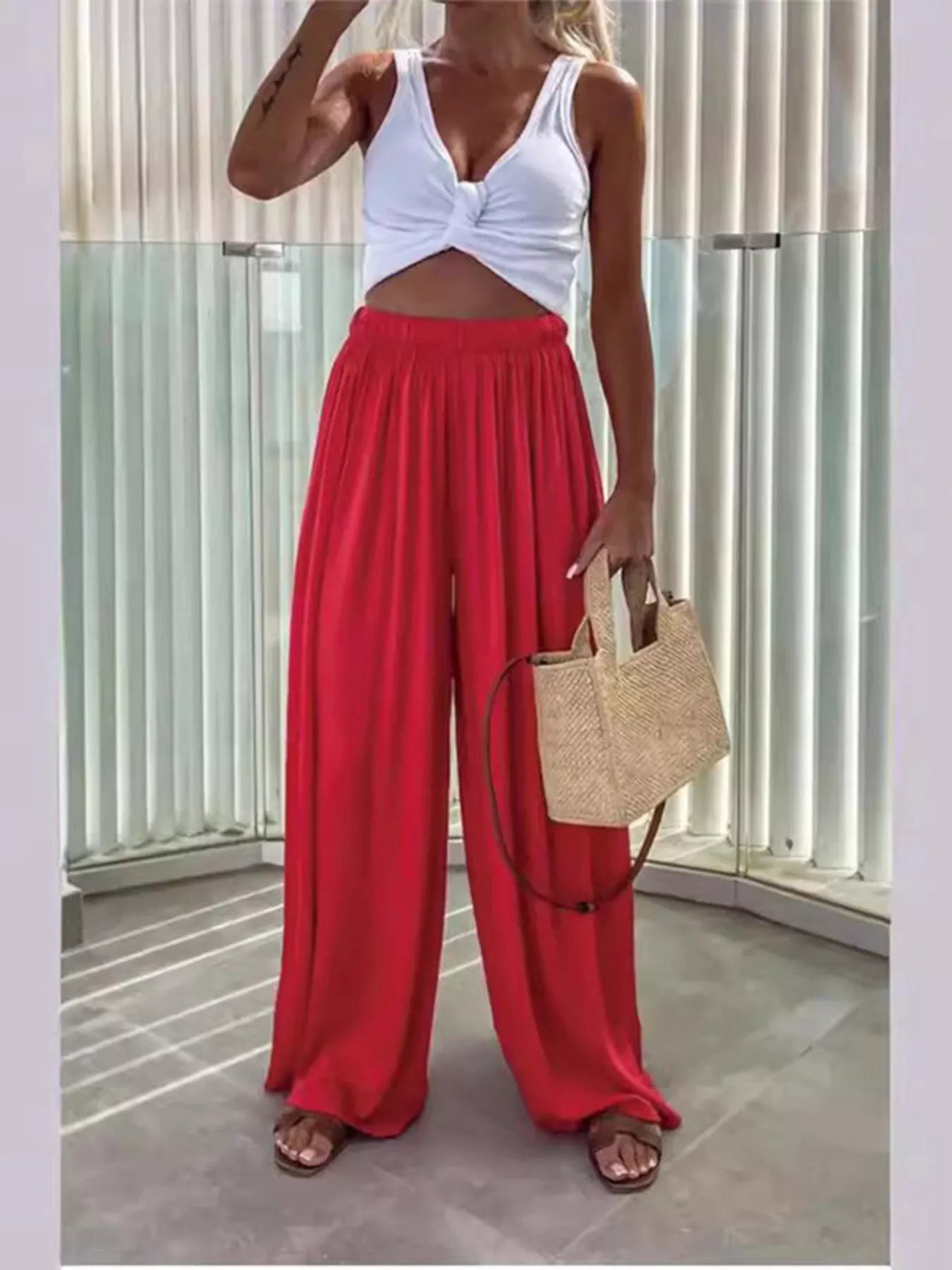 Wide-leg flowy pants with ruched paper-bag waist, red, high gathered waistband