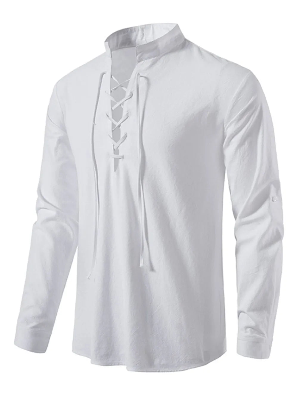 Men's lace-up long sleeve blouse in white, stand collar with eyelet lace-up front