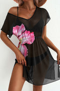 Cedar & Moore Floral Print V-Neck Semi-Sheer Black Beach Cover-Up Dress with Pink Flowers