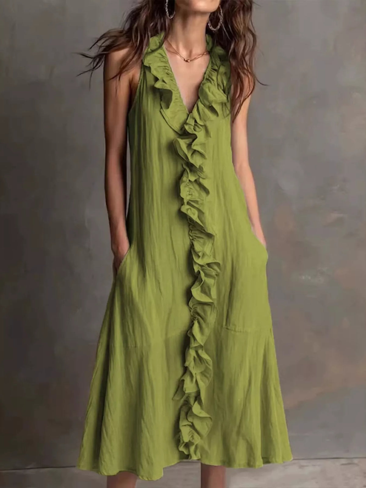 Army green sleeveless V-neck ruffle midi dress with tiered front ruffle