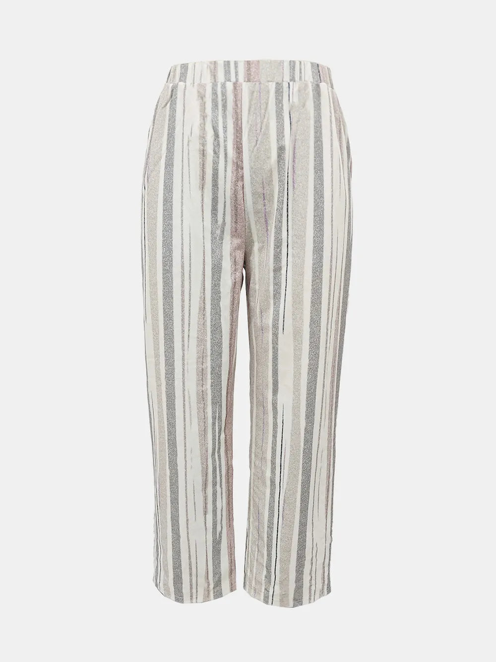 Striped wide-leg pants with vertical stripes, light gray and muted beige