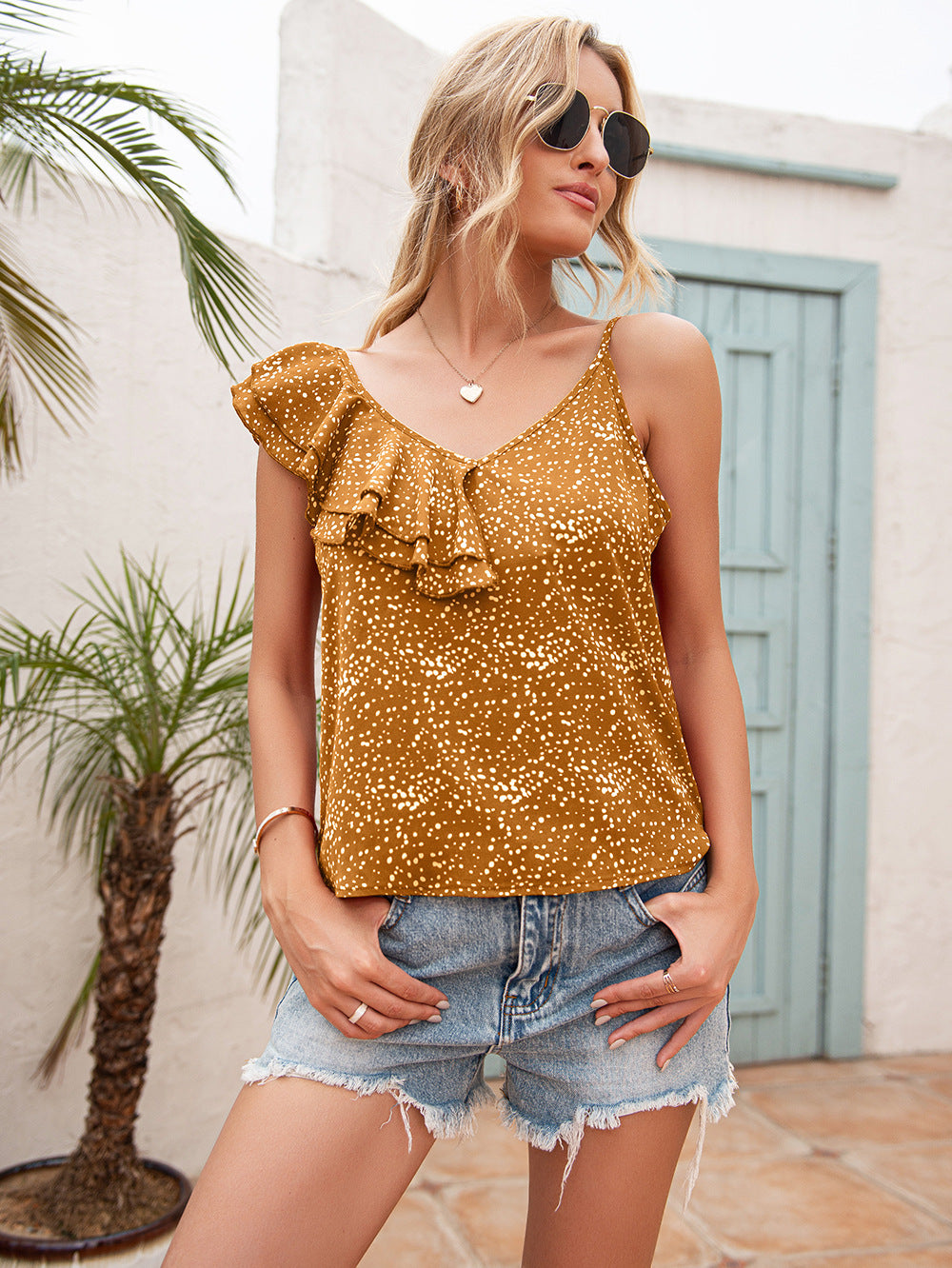 Honey polka-dot ruffle-trim asymmetrical tank top, soft drape with layered ruffle trim