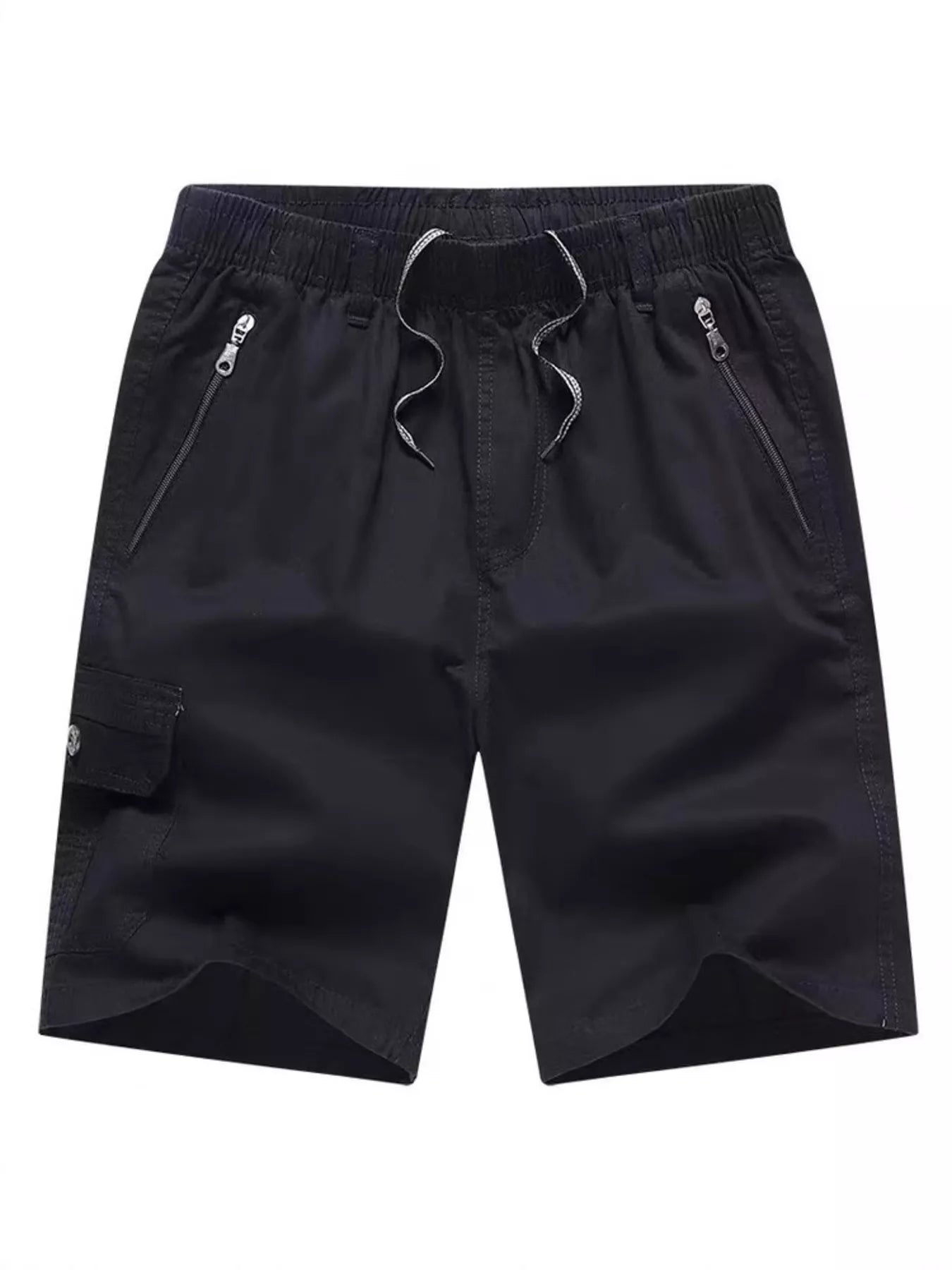 Black cargo shorts with elastic waistband and drawstring, side zip pockets.