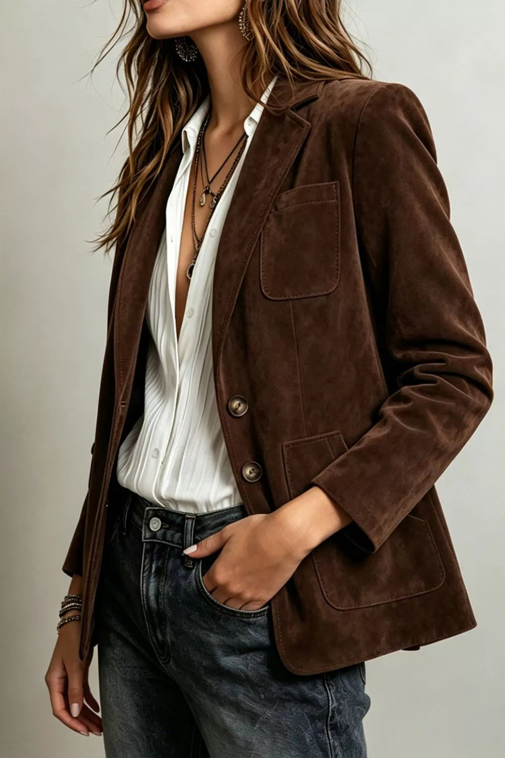 Dark brown suede single-breasted blazer with flap pockets and button front