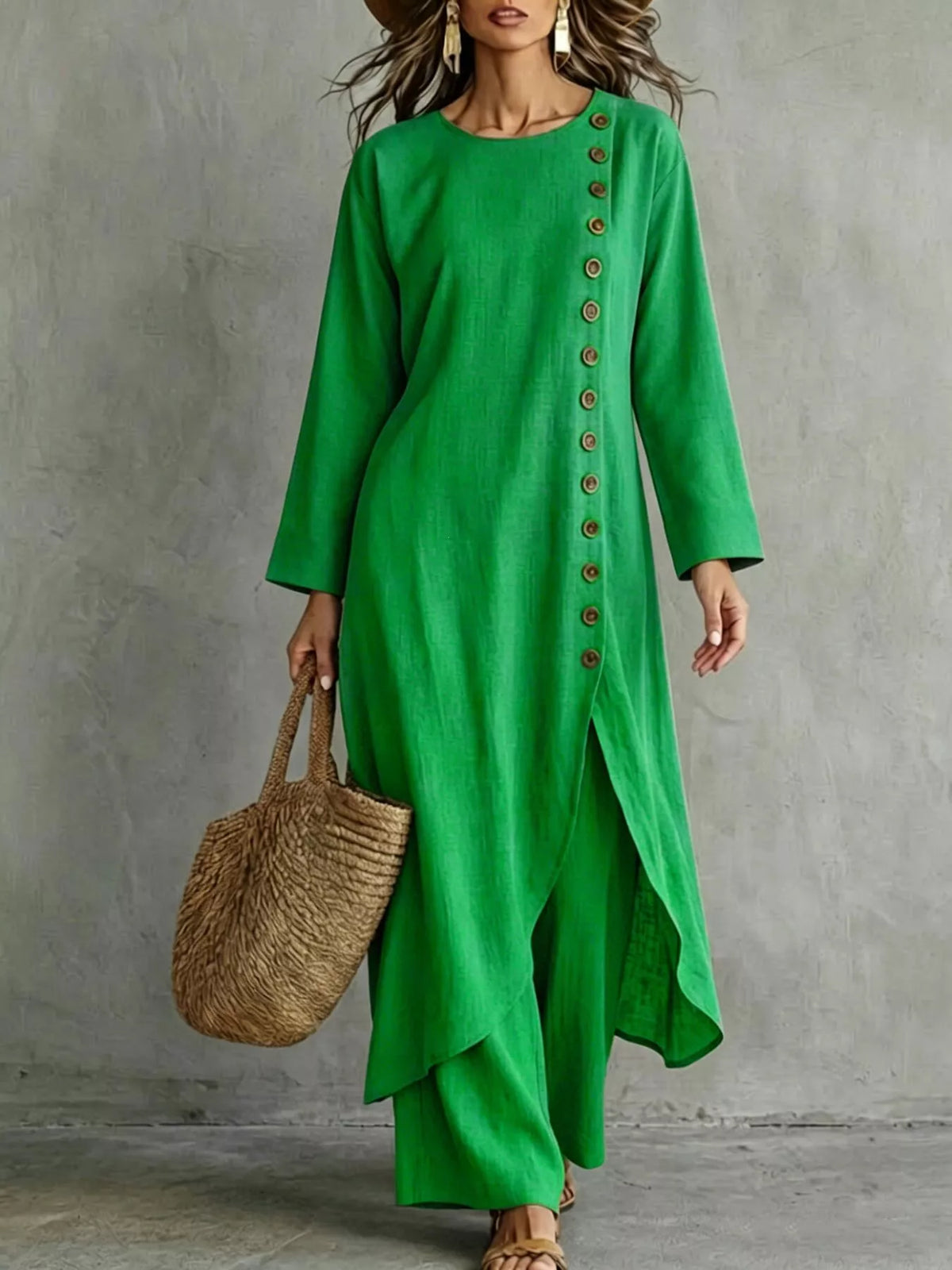 Green longline tunic and matching pants set, side button placket, 3/4 sleeves