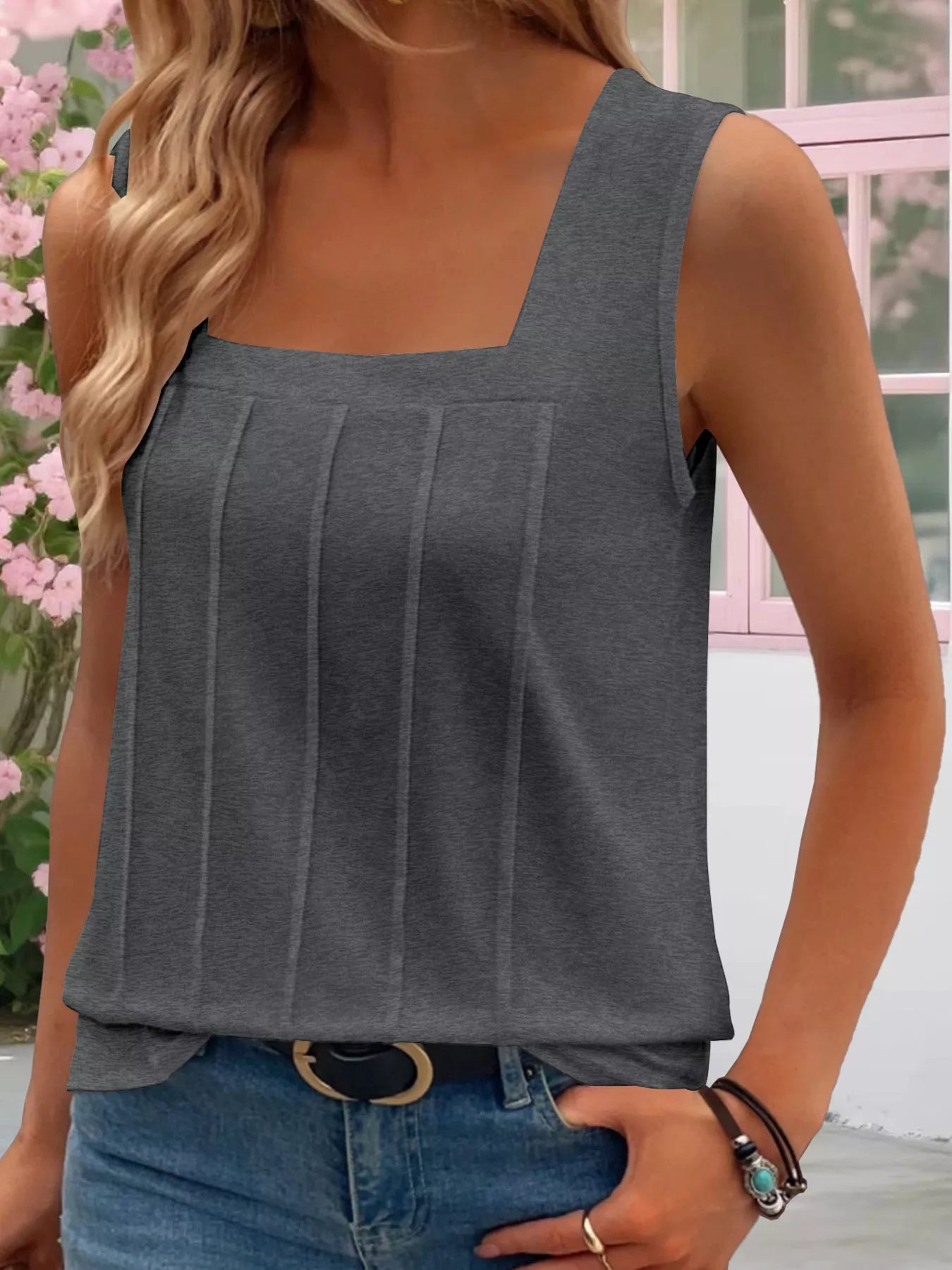 Cedar & Moore Square Neck Tank Top in charcoal gray with front pintuck pleats