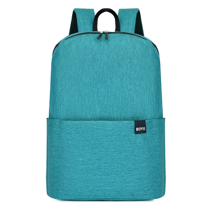 Turquoise nylon backpack with front pocket, top handle, and BOYU label