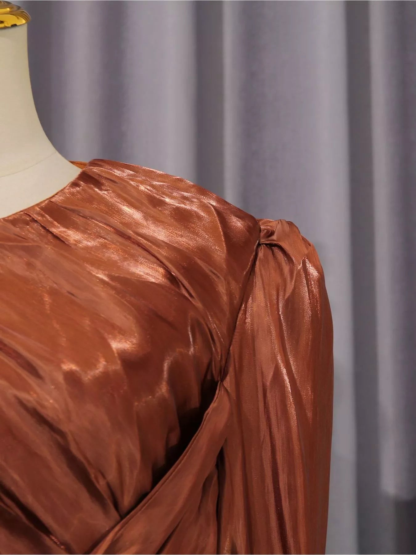 Cedar & Moore Front Twisted Draped Long Sleeve Maxi Dress, copper satin