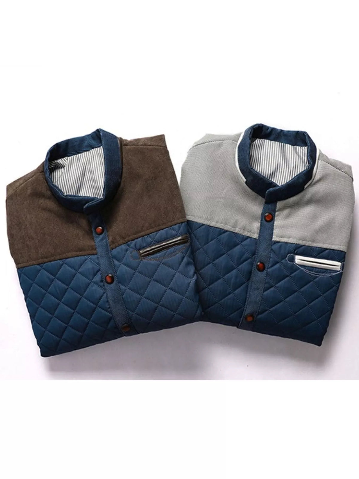 Two men's quilted snap-front jackets, blue with brown and blue with gray color-block