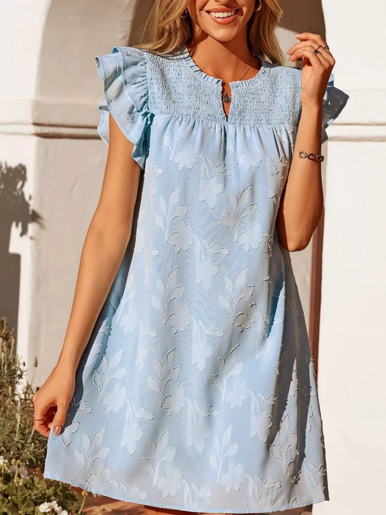 Floral embossed ruffle-sleeve mini dress in light blue with smocked top