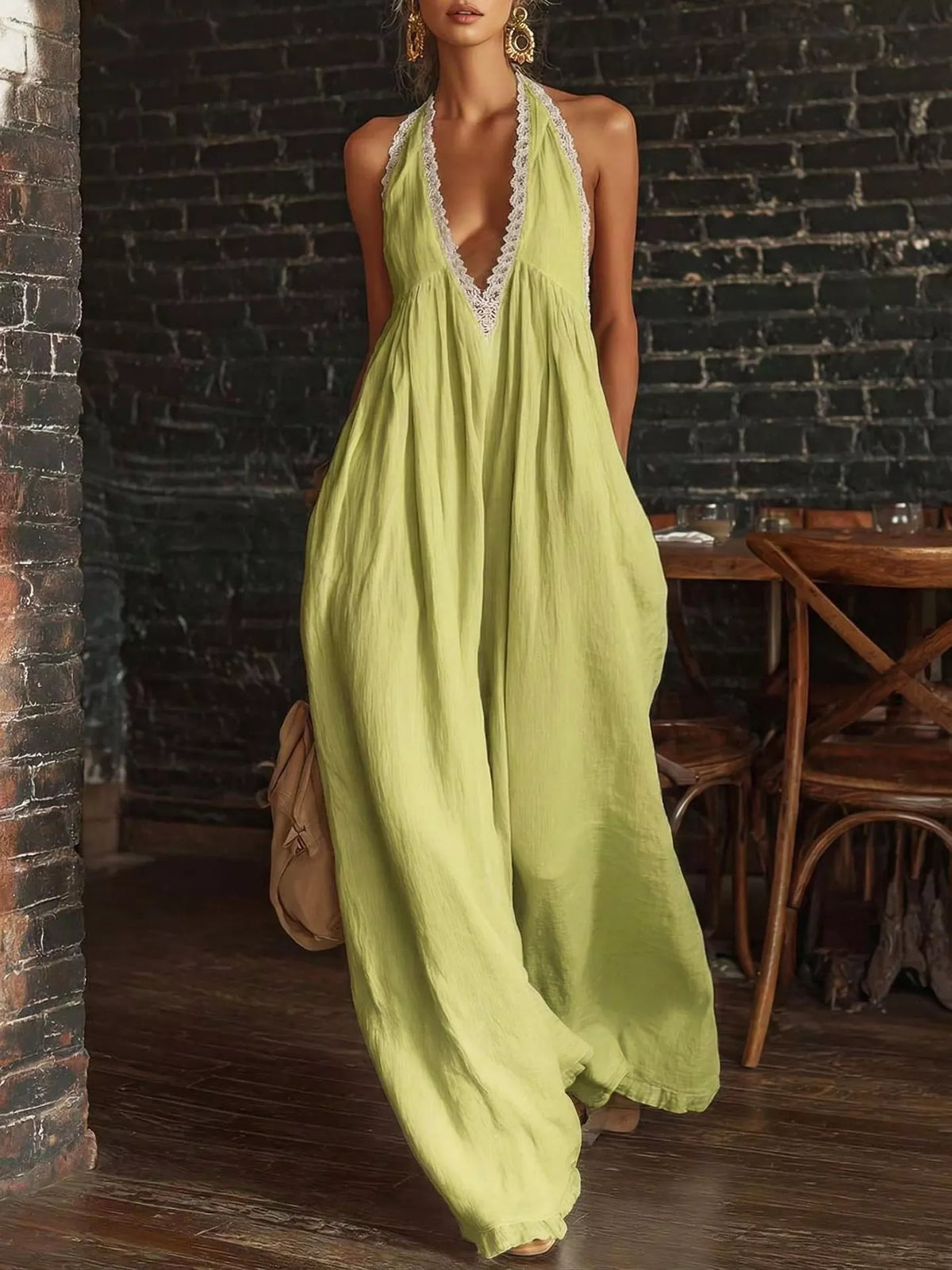 Lime green halter neck lace-trim wide-leg jumpsuit, sleeveless, flowing fit