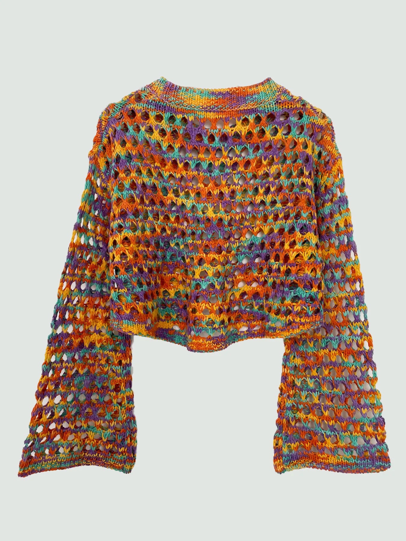 Multicolor crochet hollow-out cropped sweater, relaxed long sleeves