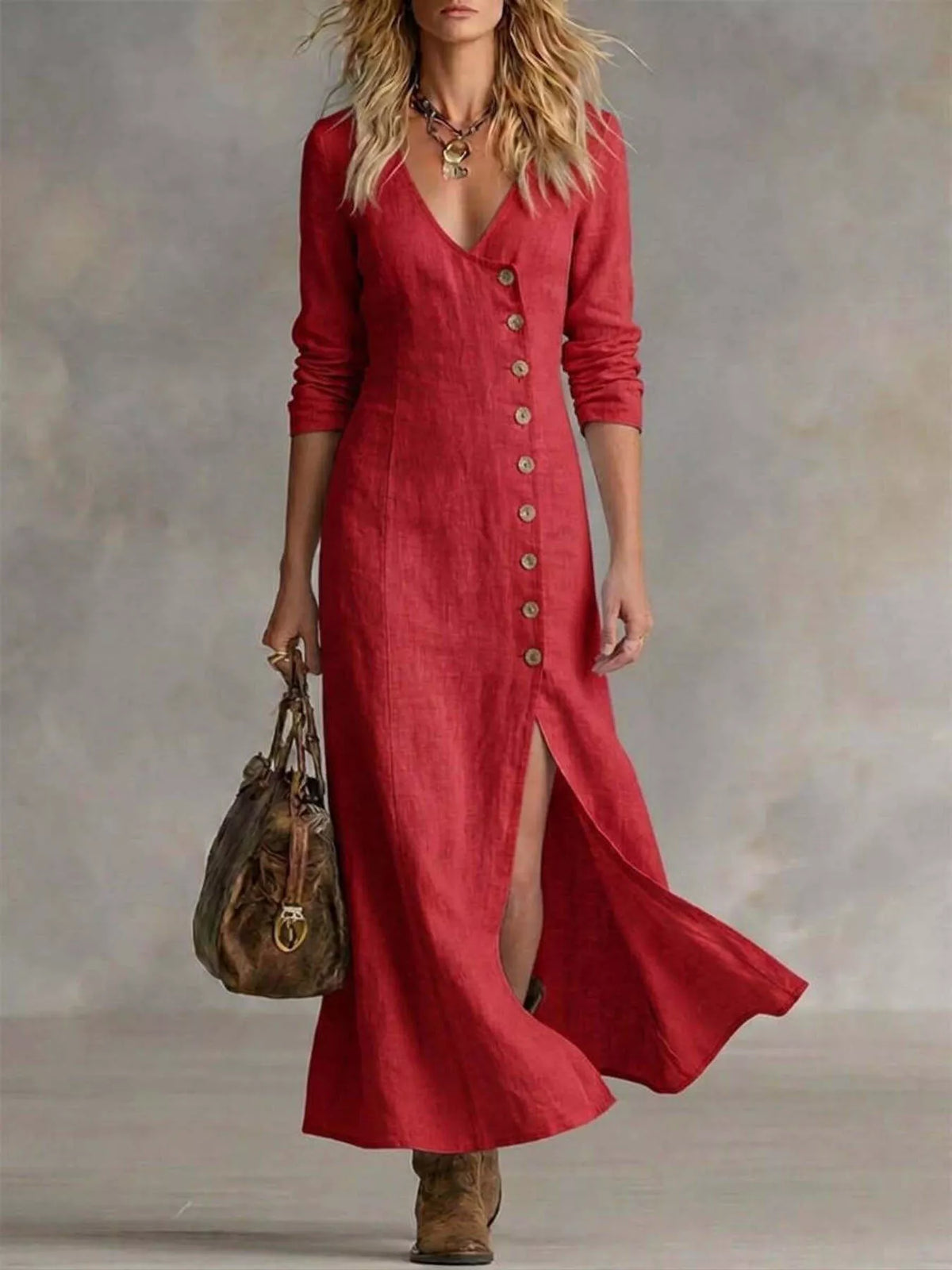 Women’s red button-front midi dress with V-neck and side slit