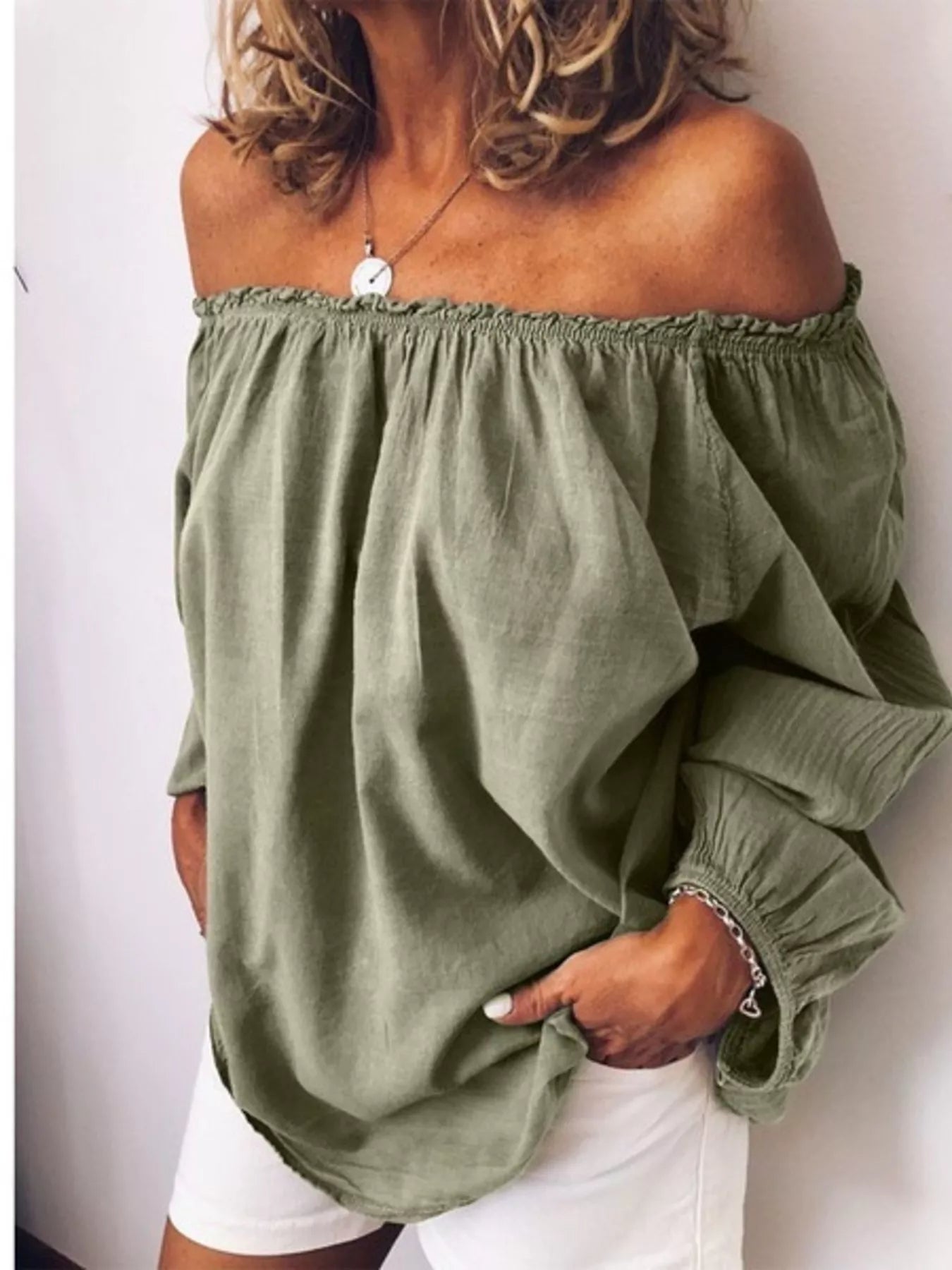 Off-shoulder frill-trim blouse in olive green, elastic neckline, roomy long sleeves