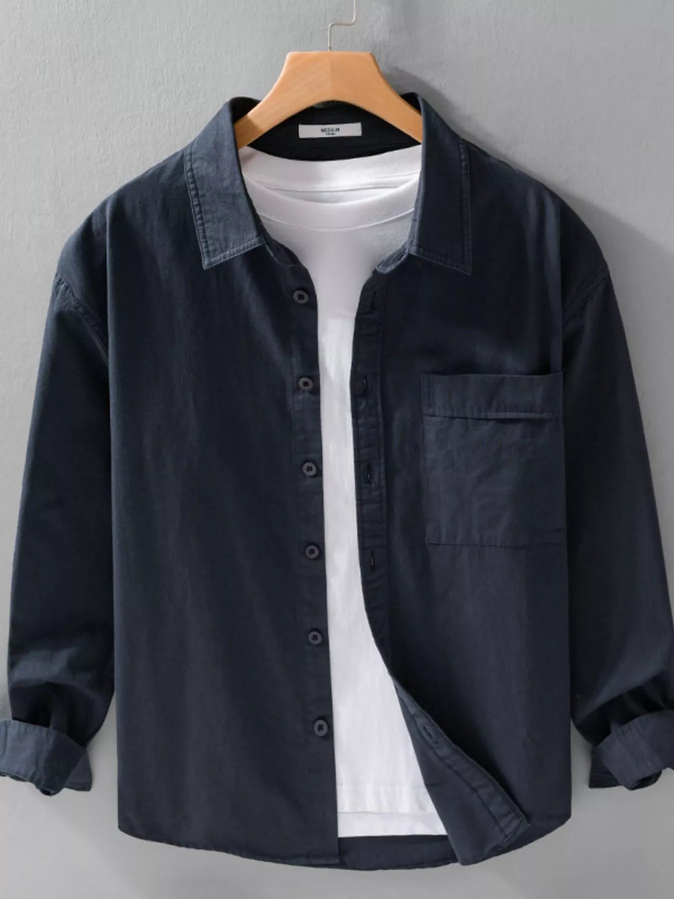 Men's plus size long-sleeve button-up shirt, dark blue, chest pocket and button front