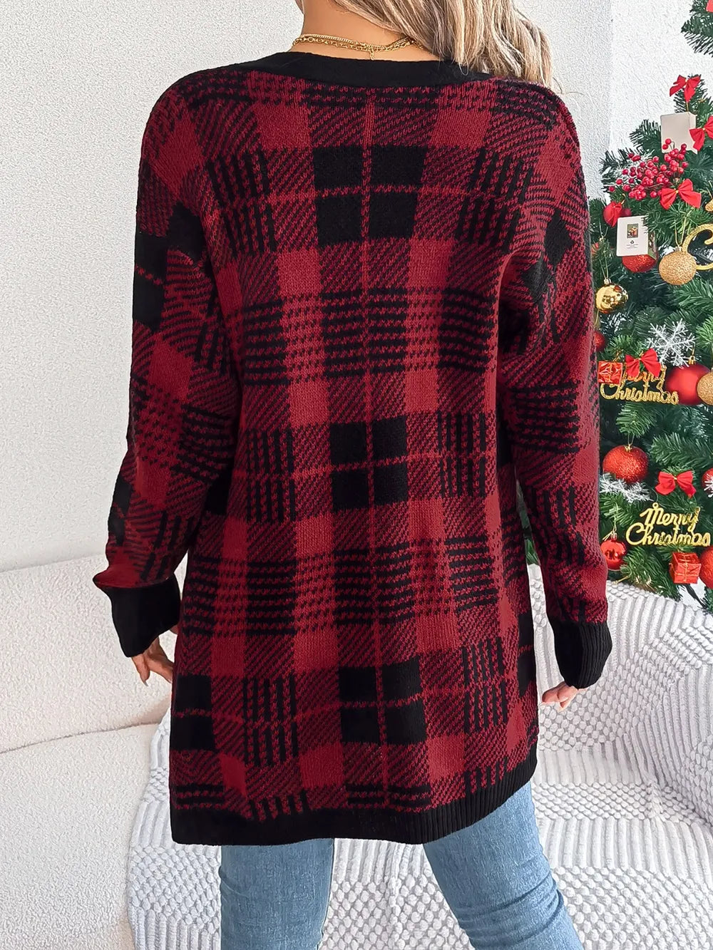 Plaid open-front long-sleeve cardigan, burgundy and black check pattern (back)