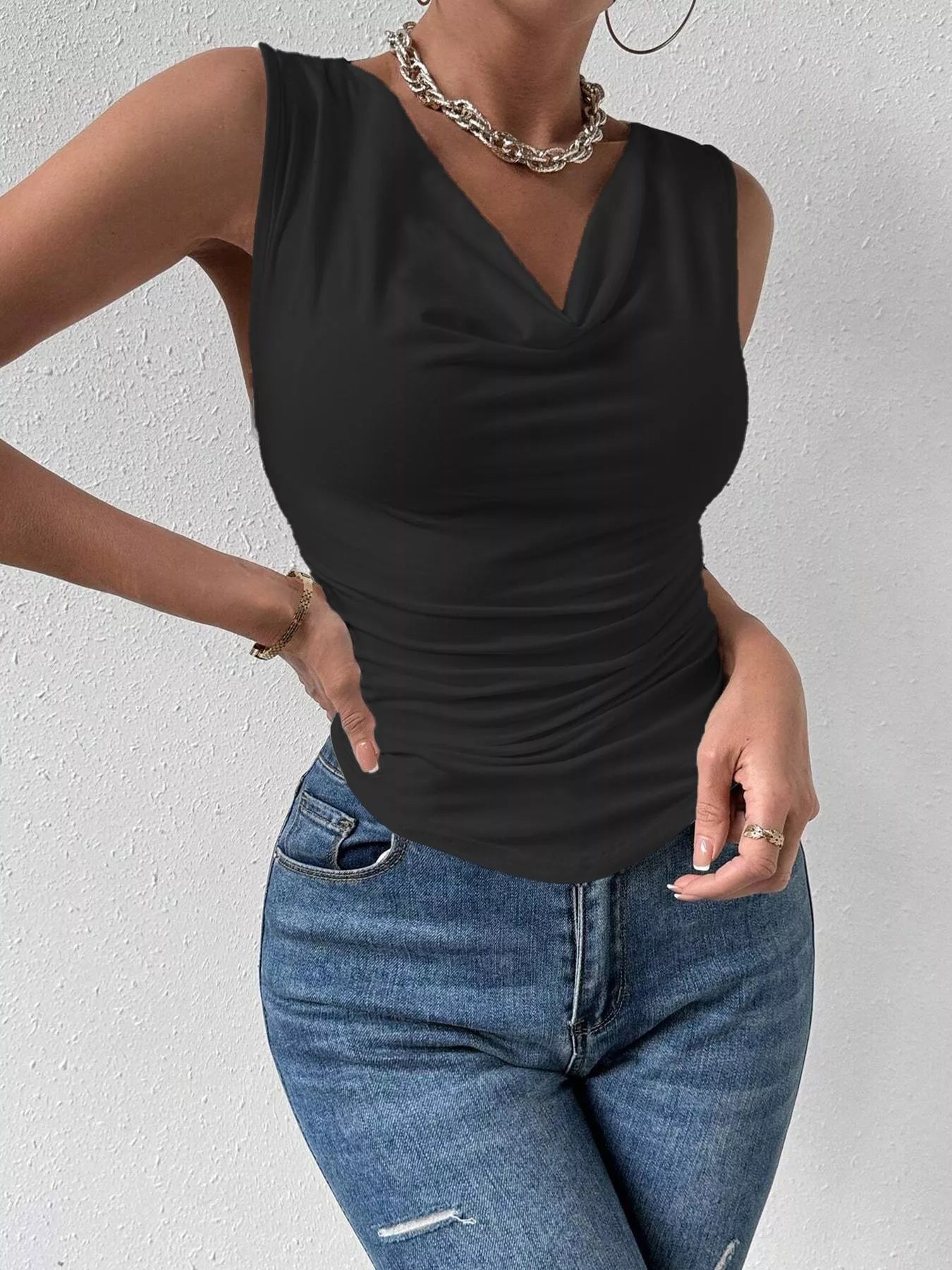 Black cowl neck sleeveless tank top with draped V front