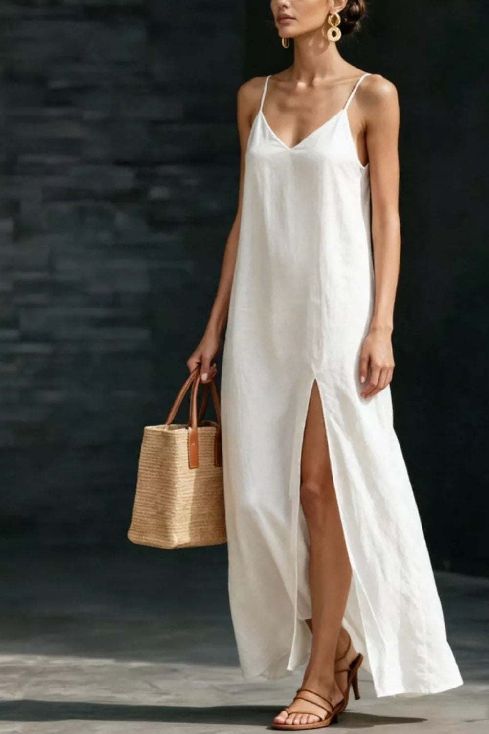 Cedar & Moore Slit V-Neck Maxi Dress by Trendsi, white, spaghetti straps, side slit.