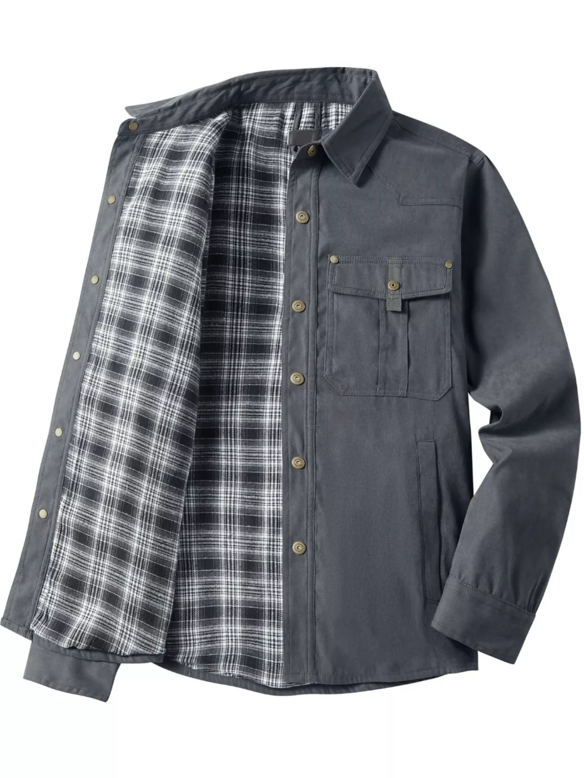 Men's snap-front long-sleeve jacket in dark gray with plaid lining and flap chest pockets