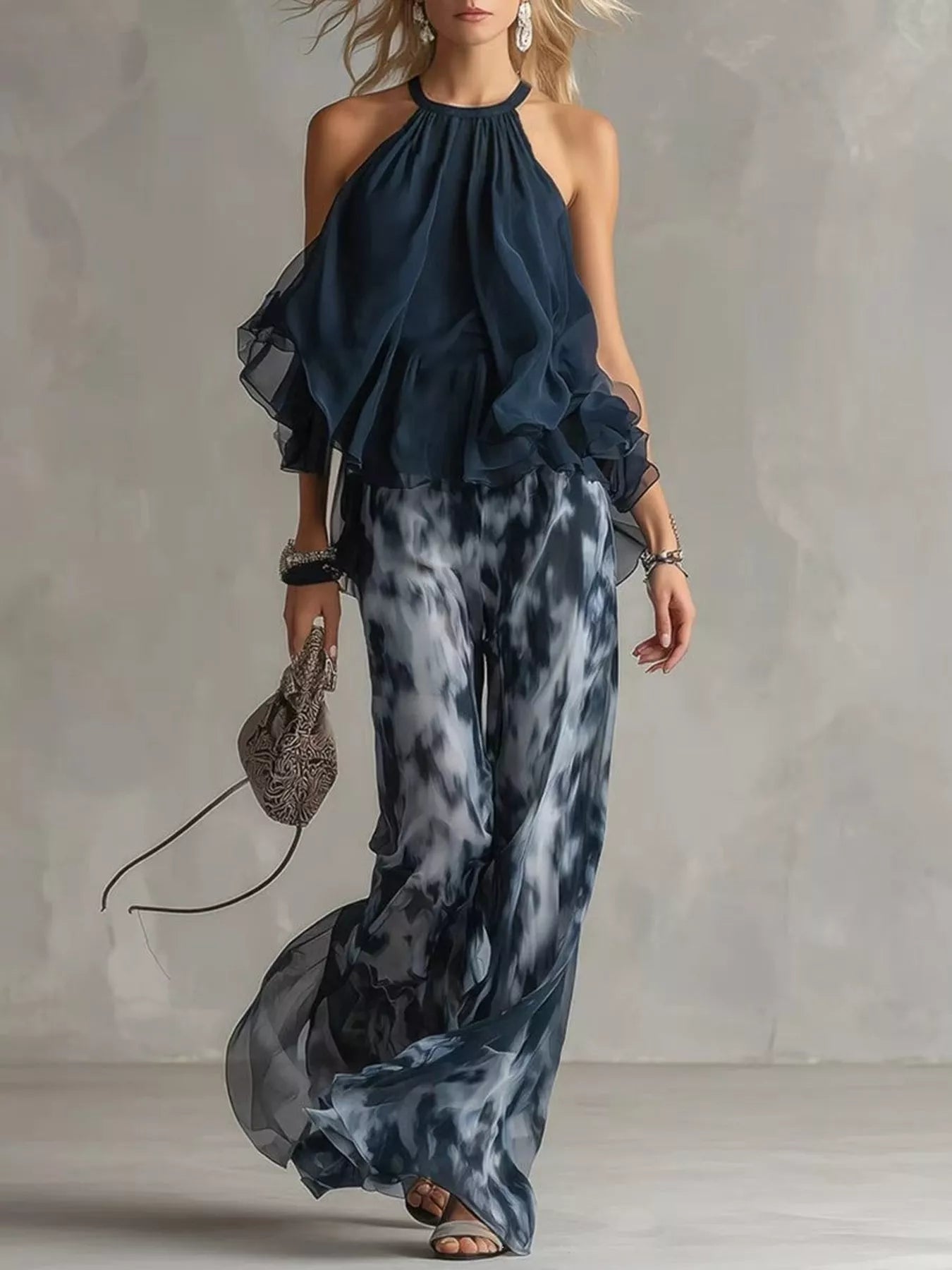 Dark blue halter ruffle top with tie-dye wide-leg pants, relaxed fit.