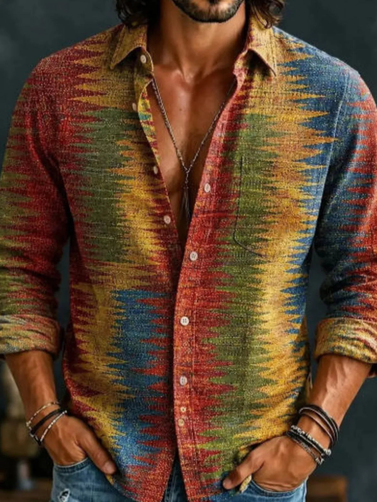 Multicolor marbled striped long-sleeve button-up shirt with open collar