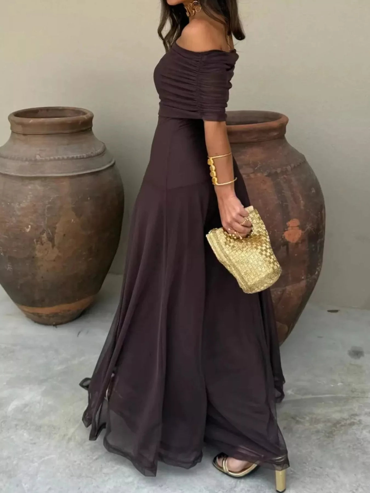 Coffee off-shoulder ruched sheer mesh maxi dress with gathered waist and flowing maxi skirt
