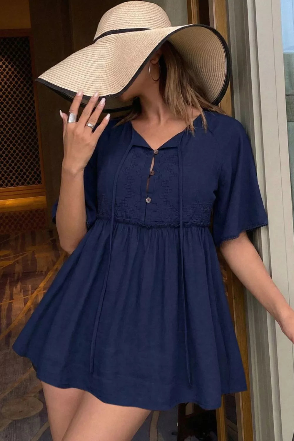 Ruffle Hem Tie Neck Blouse, navy, short-sleeve, by Trendsi; buttoned front