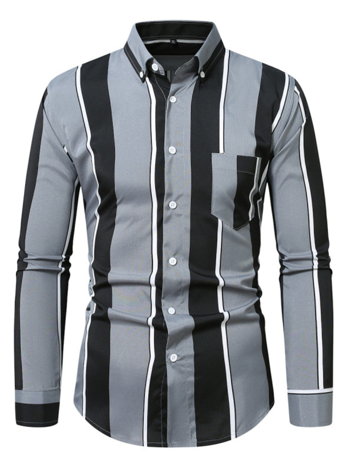 Men's slim fit striped button-up cotton shirt, light gray with black vertical stripes