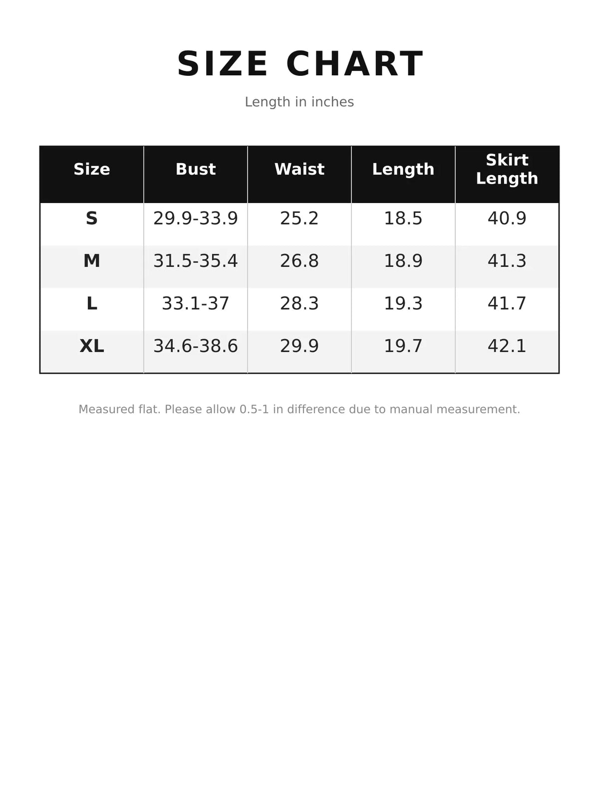 Size chart listing bust, waist, length, and skirt length in inches