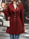 Burgundy long-sleeve collared button-up coat with lapel, front buttons, and A-line hem